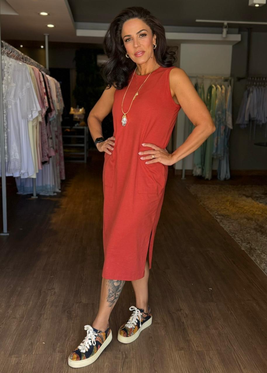 Vestido Midi sem Mangas Terracota