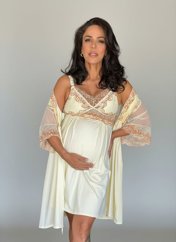Conjunto Gestante Curto Camisola e Robe Liso Marfim Pérola