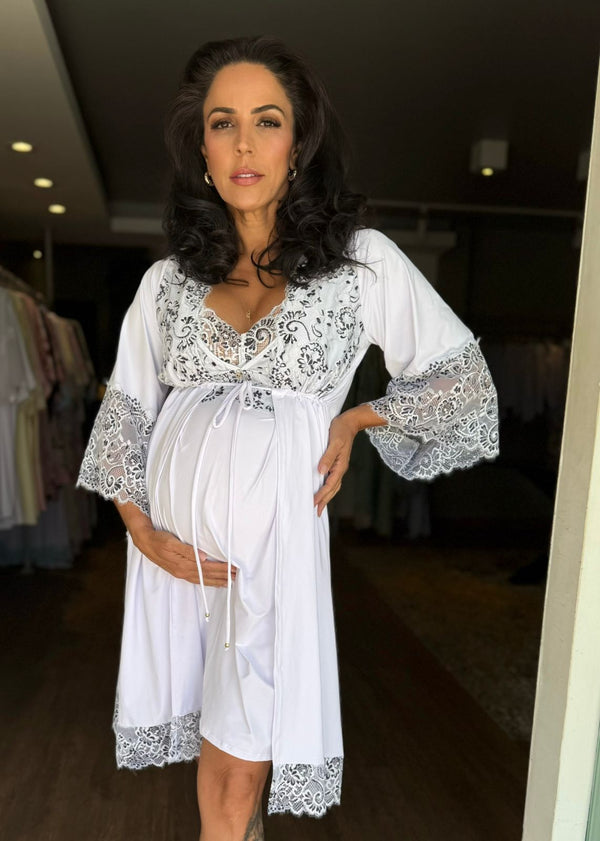 Conjunto Gestante Curto Camisola e Robe Liso Bella Branco