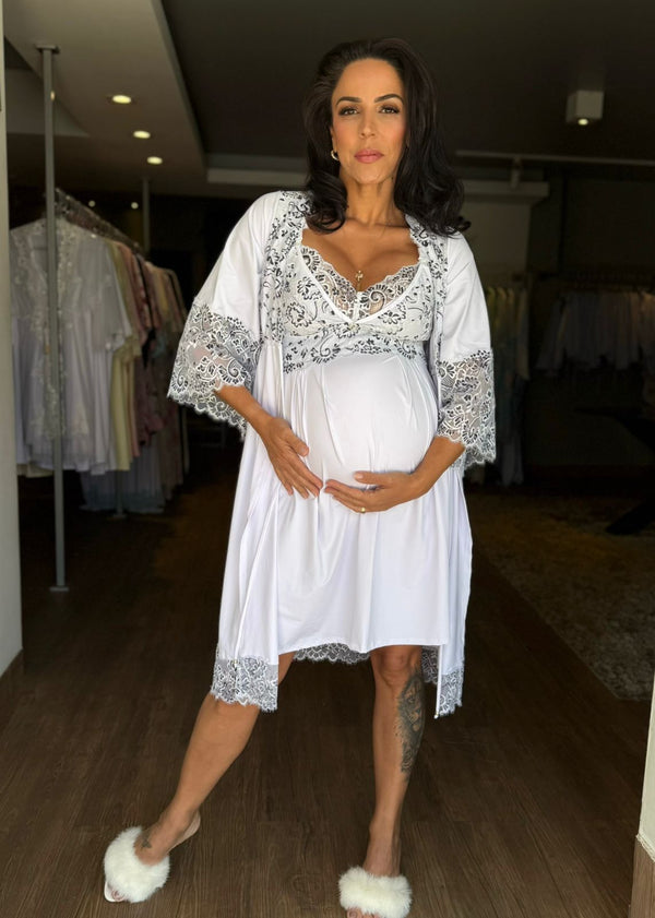 Conjunto Gestante Curto Camisola e Robe Liso Bella Branco