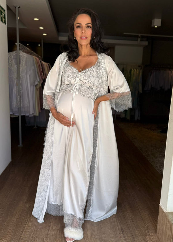 Conjunto Longo com Camisola de Amamentação em Cetim Branco