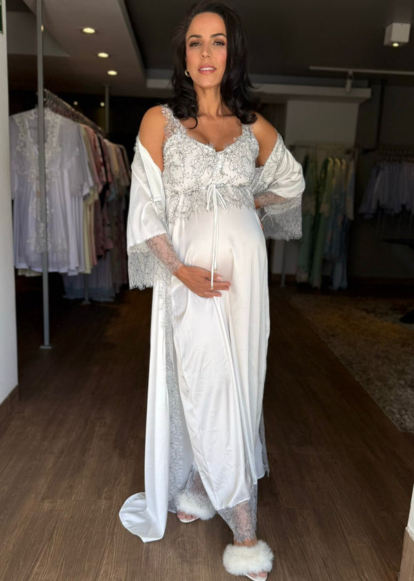 Conjunto Longo com Camisola de Amamentação em Cetim Branco