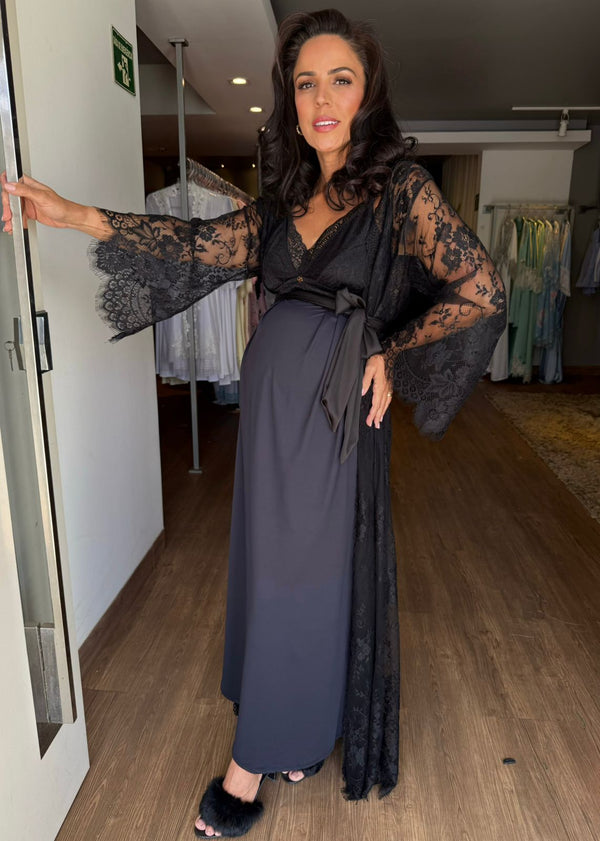 Conjunto Longo com Camisola BM de Amamentação e Robe Renda Preto