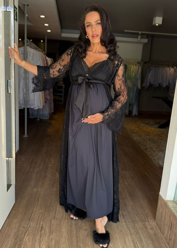 Conjunto Longo com Camisola BM de Amamentação e Robe Renda Preto