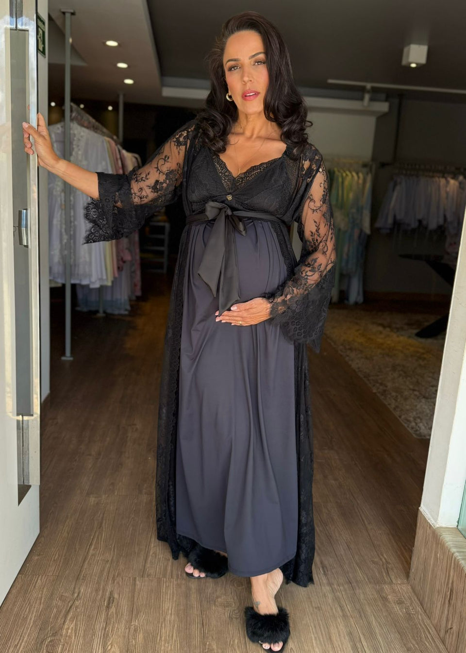 Conjunto Longo com Camisola BM de Amamentação e Robe Renda Preto