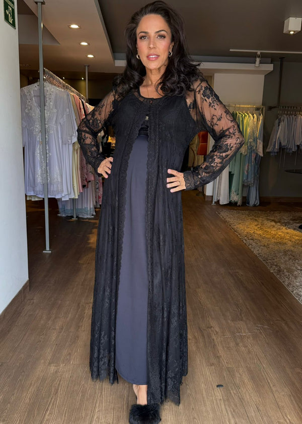 Conjunto Longo com Camisola BM de Amamentação e Robe Renda