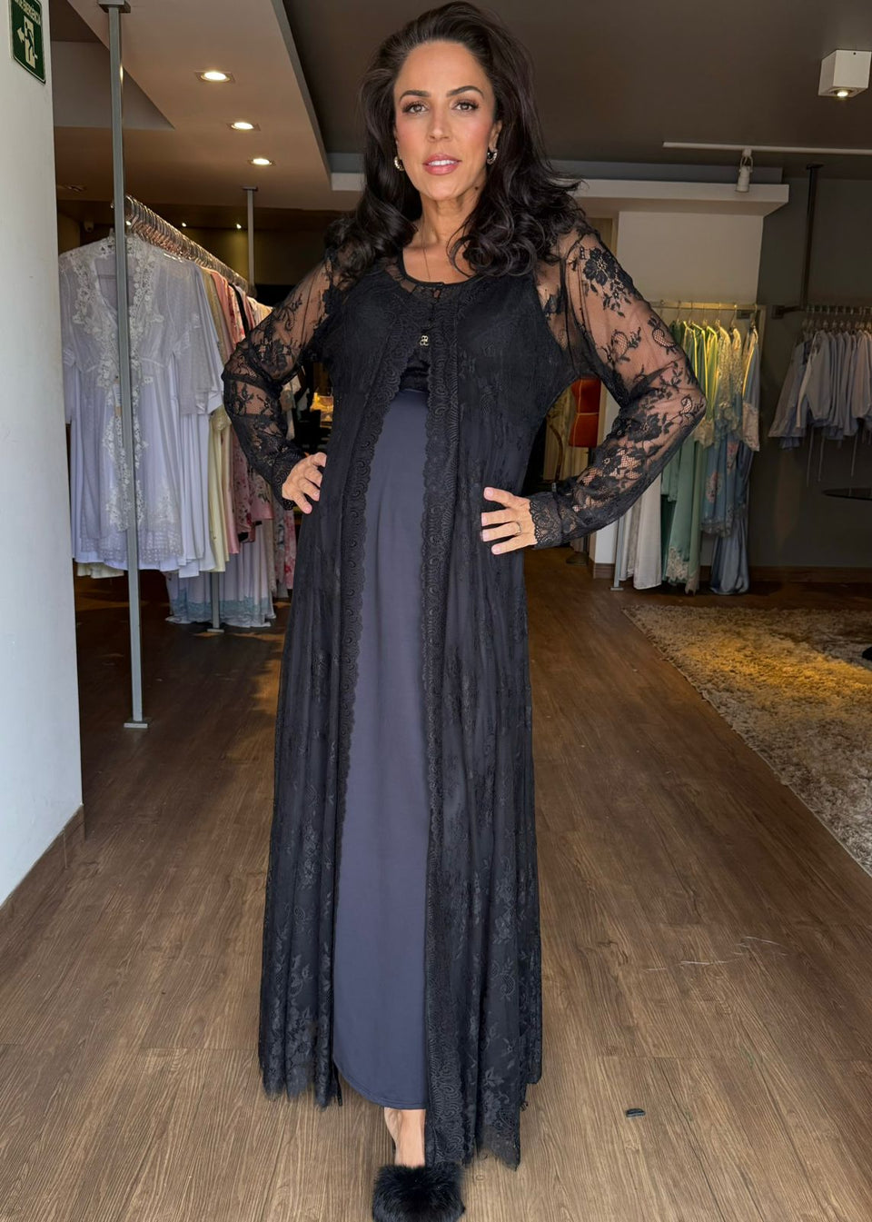 Conjunto Longo com Camisola BM de Amamentação e Robe Renda