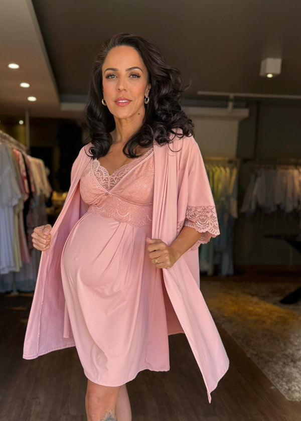 Conjunto Gestante Curto com Camisola de Amamentação e Robe rendinha Blush Alegria