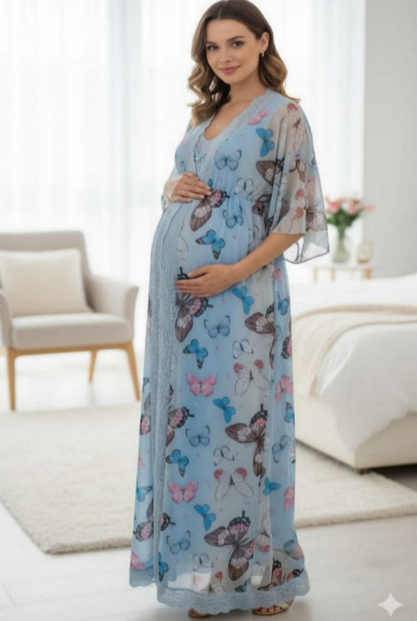 Conjunto Gestante Longo com Camisola para Amamentação e Robe Borboletas