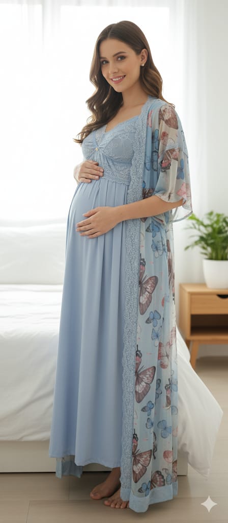 Conjunto Gestante Longo com Camisola para Amamentação e Robe Borboletas