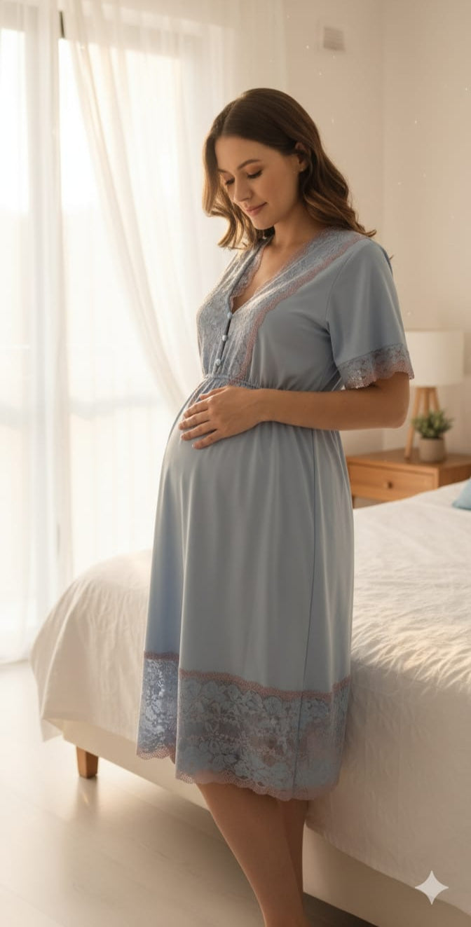 Camisola de Amamentação Curta Botões Charme Azul