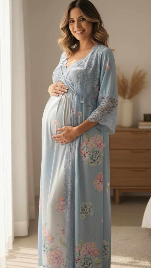 Conjunto Longo com Camisola para Amamentação e Robe Cetim Estampado Azul