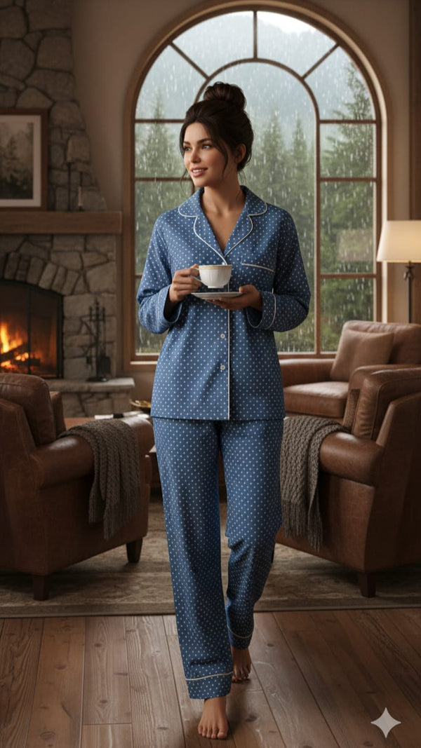 Pijama com Calça e Blusa Mangas Longas Azul com Poá Branco