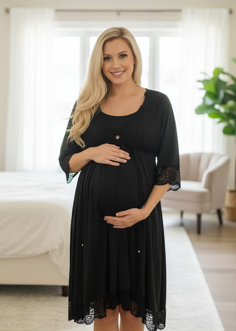 Conjunto Gestante Curto com Camisola para Amamentação BM Preto