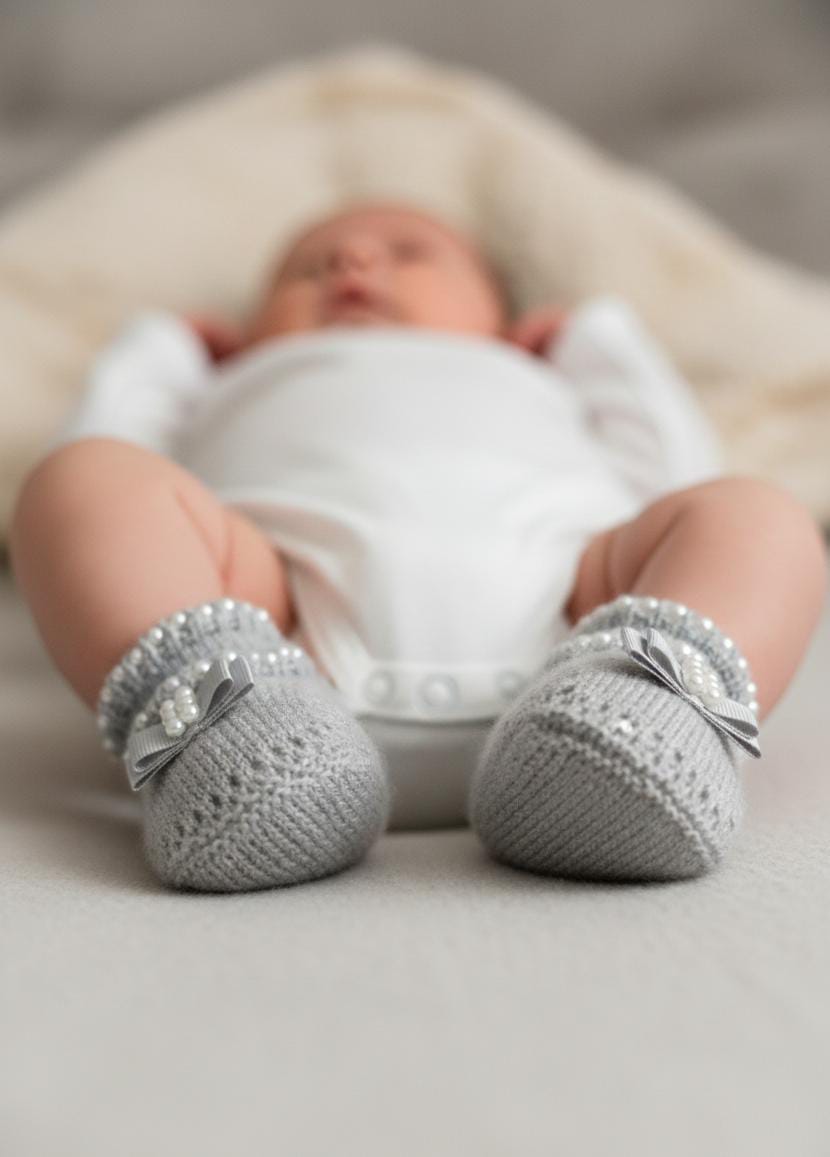 Sapatinho de Tricot Cinza com Pérolas