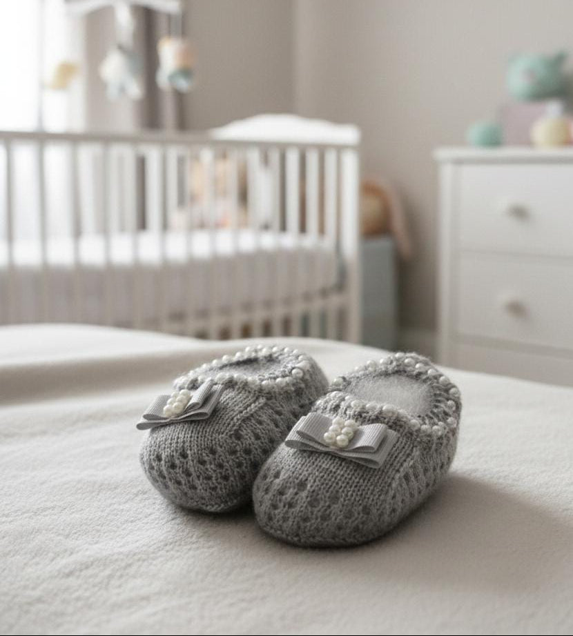 Sapatinho de Tricot Cinza com Pérolas