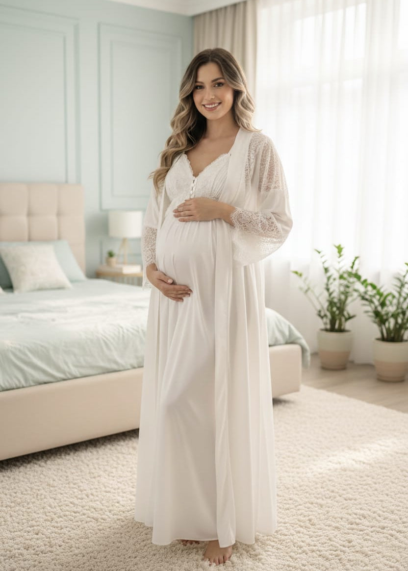 Conjunto Gestante Longo Cetim Off White