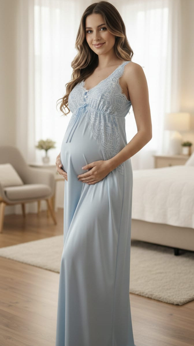 Conjunto Gestante Longo Cetim Azul com Renda Branca