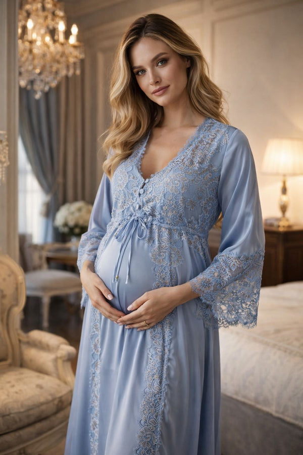 Conjunto Gestante Longo Cetim Azul Bebê com Renda Bicolor