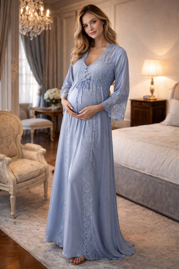 Conjunto Gestante Longo Cetim Azul Bebê com Renda Bicolor