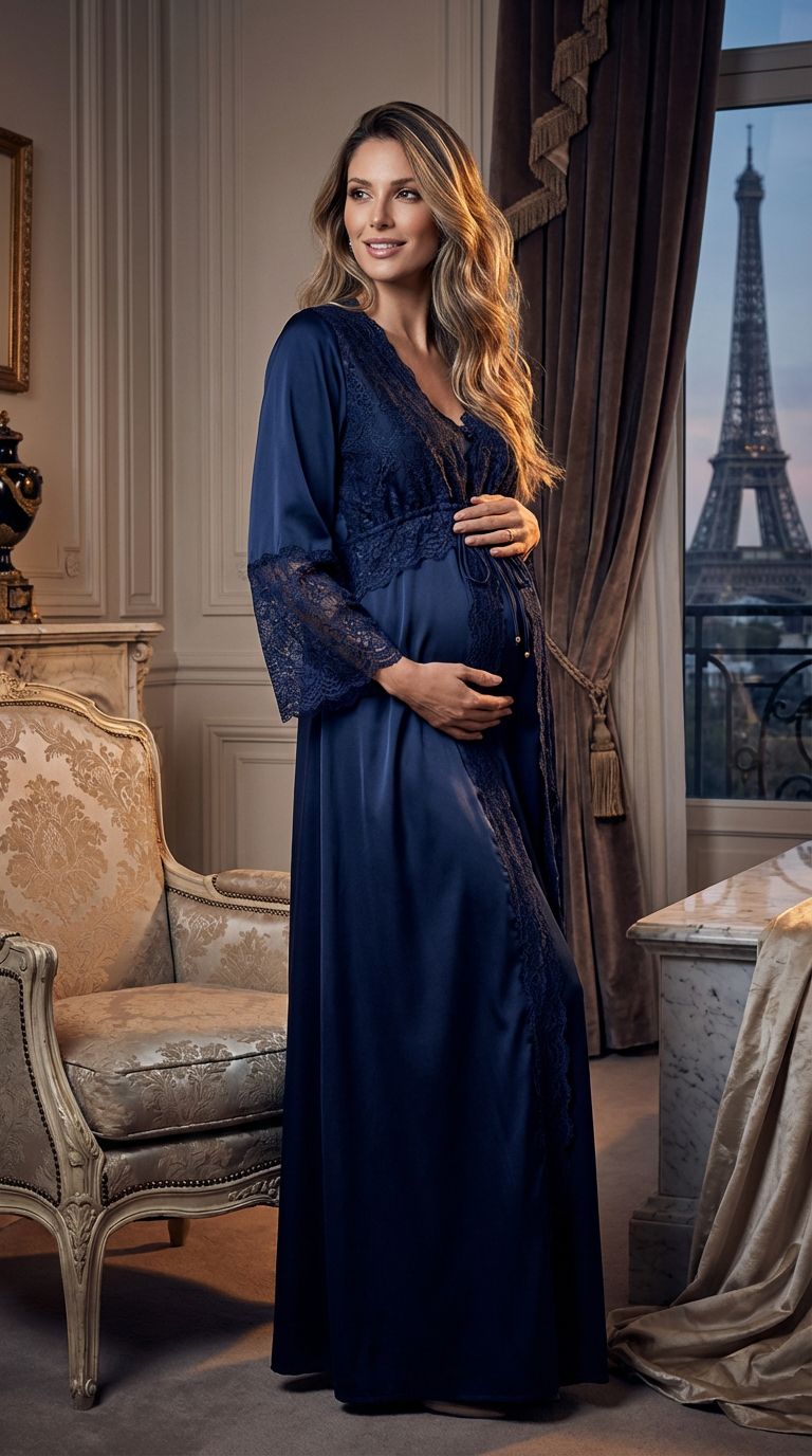 Conjunto Longo com Camisola de Amamentação em Cetim Azul Marinho