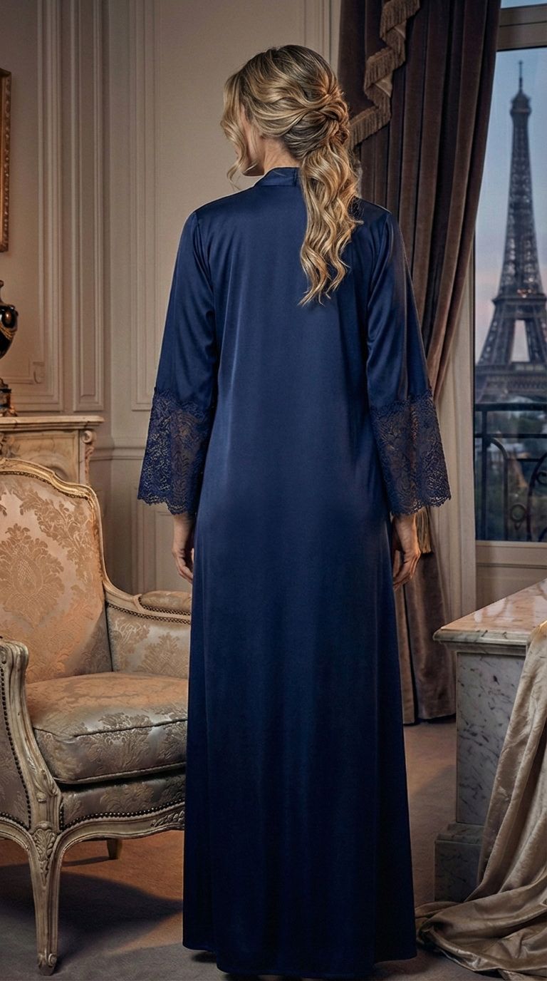 Conjunto Longo com Camisola de Amamentação em Cetim Azul Marinho