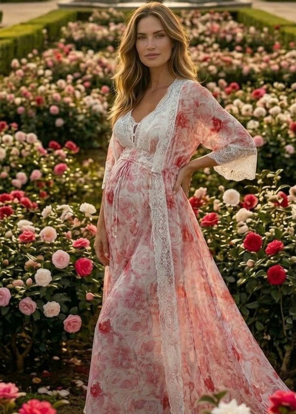 Conjunto Longo com Camisola de Amamentação e Robe Estampado Rosa