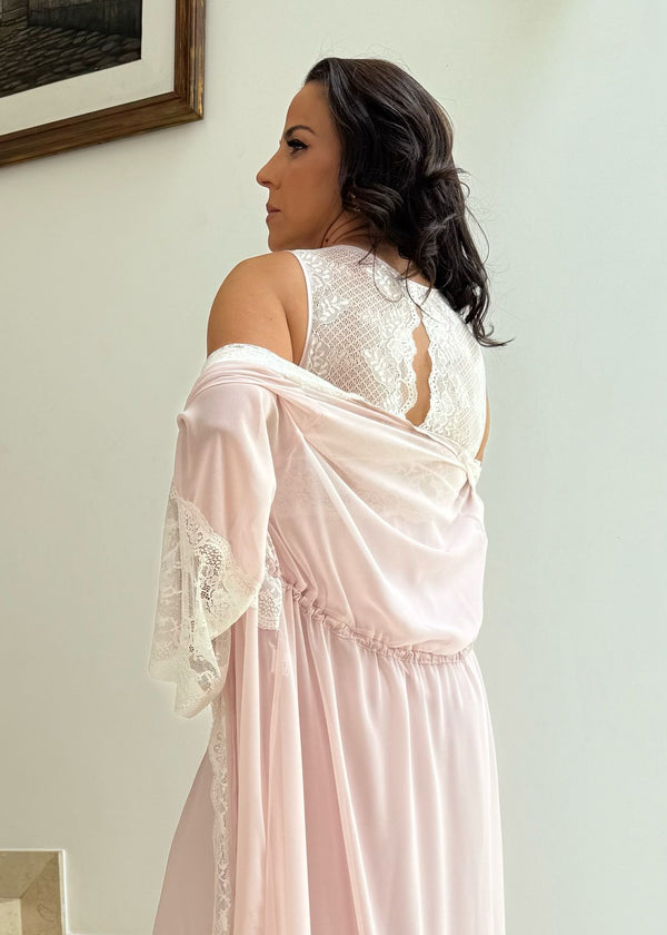 Conjunto Gestante Longo em Cetim Gloss Rosa com Renda Branca