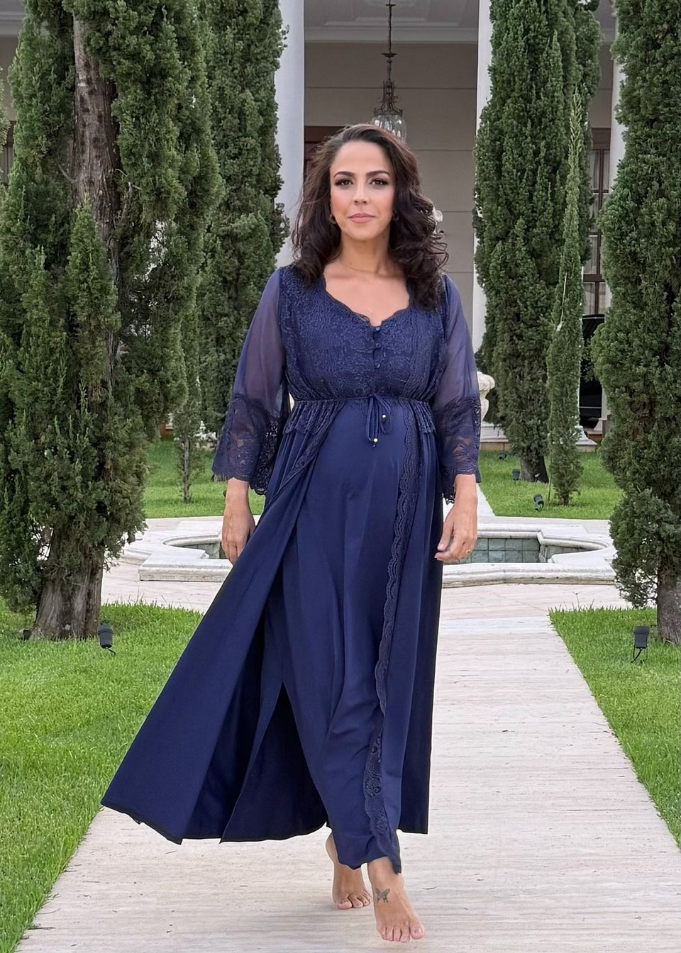 Conjunto Gestante Longo Camisola e Robe Liso Azul Marinho