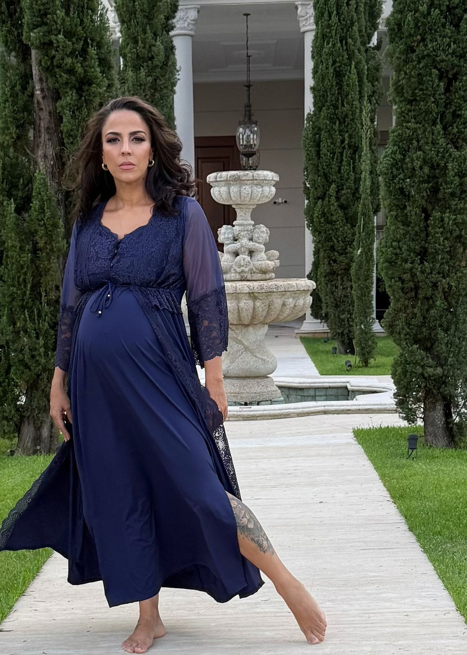 Conjunto Gestante Longo Camisola e Robe Liso Azul Marinho