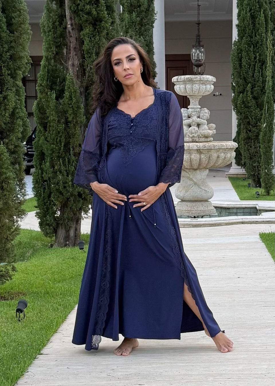 Conjunto Gestante Longo Camisola e Robe Liso Azul Marinho