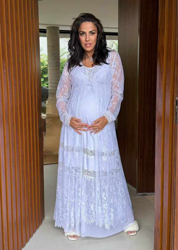 Conjunto Longo com Camisola de Amamentação e Robe Renda Francesa