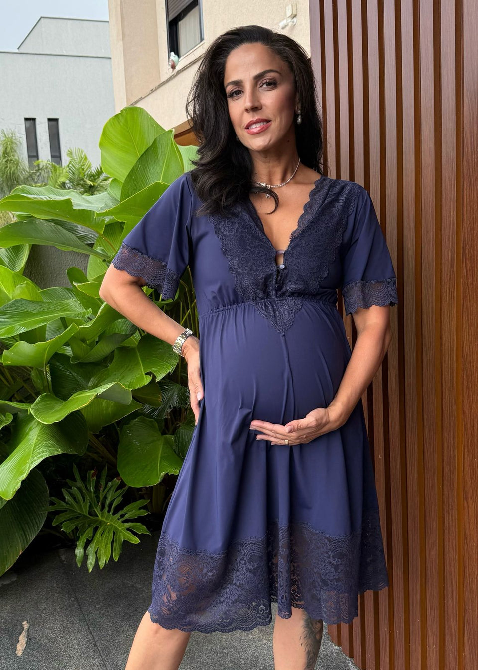 Camisola de Amamentação Curta Botões Azul Marinho