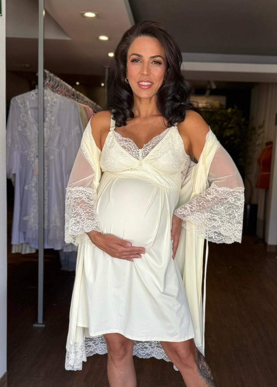 Conjunto Gestante Curto Camisola e Robe Liso Marfim Luz