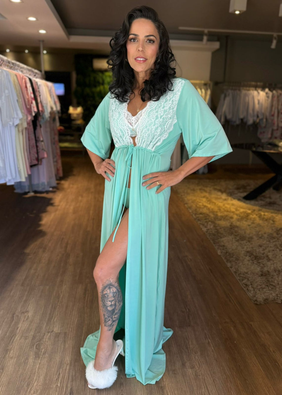 Conjunto Robe Longo com Calcinha e Sutiã para Amamentação Verde