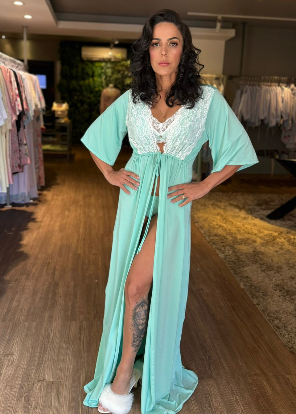 Conjunto Robe Longo com Calcinha e Sutiã para Amamentação Verde