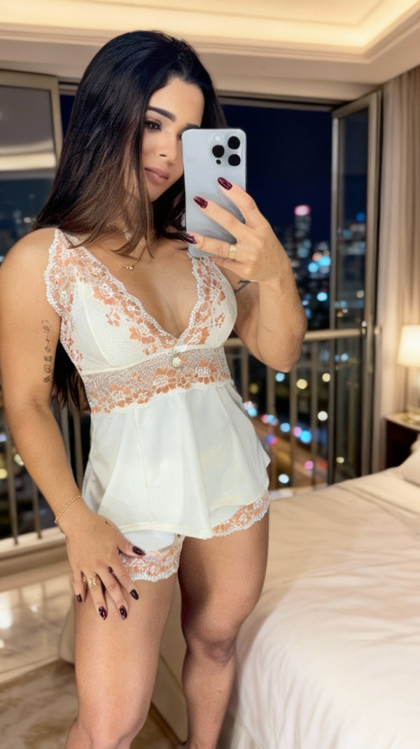 Babydoll Sabrina Marfim Renda Bicolor