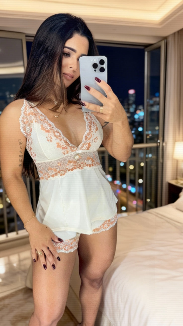 Babydoll Sabrina Marfim Renda Bicolor