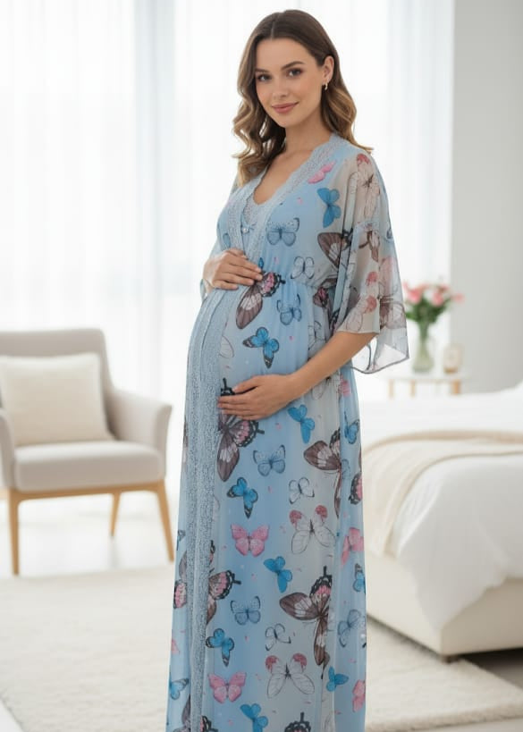 Conjunto Gestante Longo com Camisola para Amamentação e Robe Borboletas