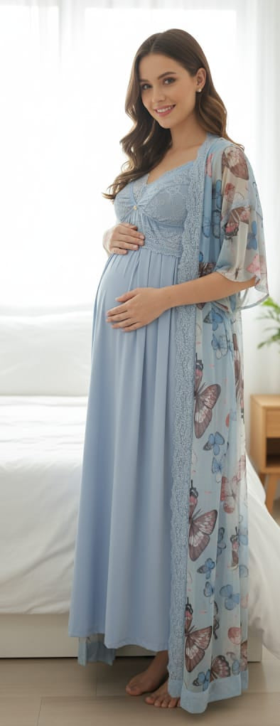 Conjunto Gestante Longo com Camisola para Amamentação e Robe Borboletas