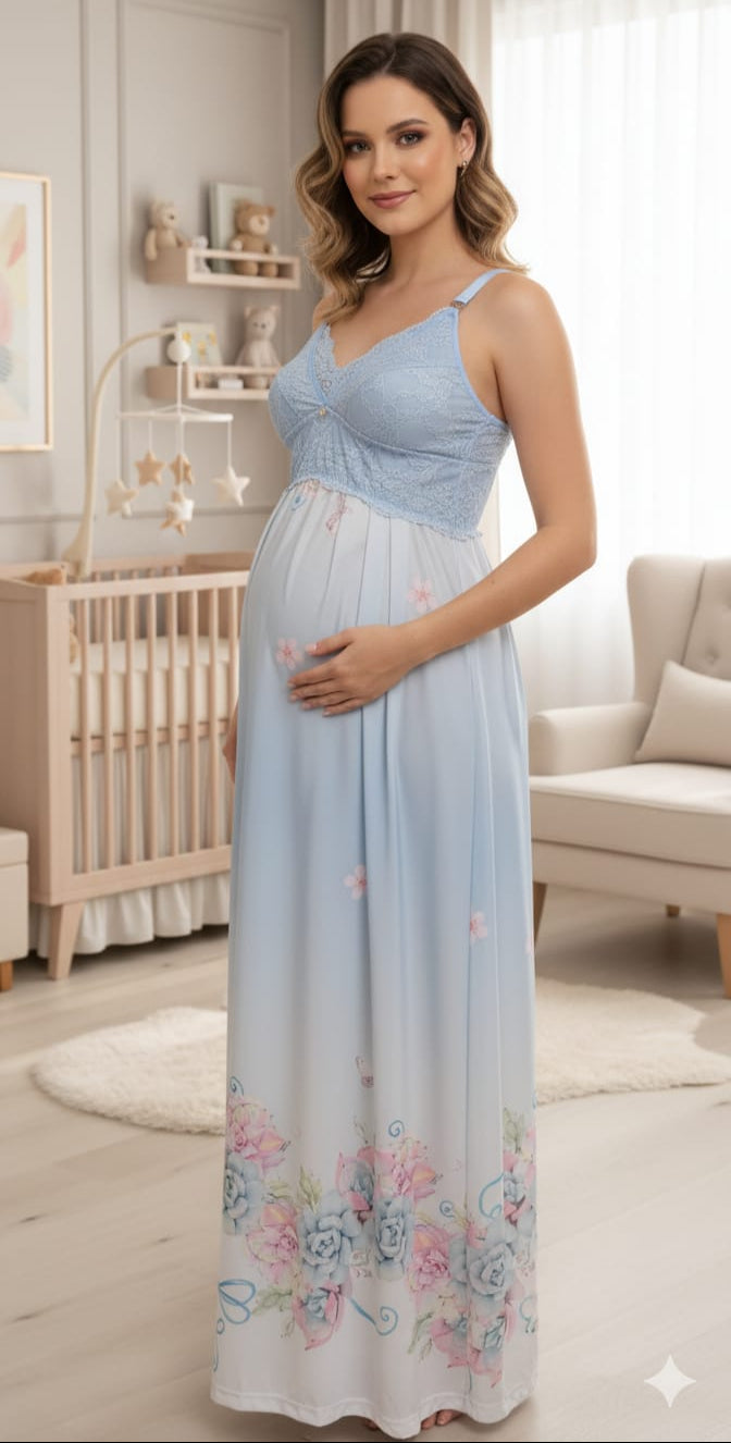 Camisola Gestante Longa para Amamentação Estampada Azul Bebê