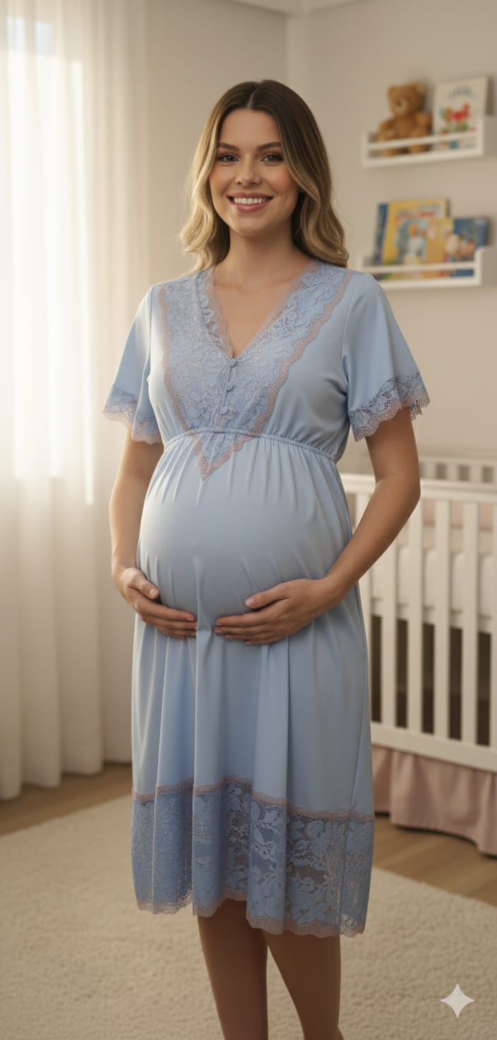 Camisola de Amamentação Curta Botões Charme Azul