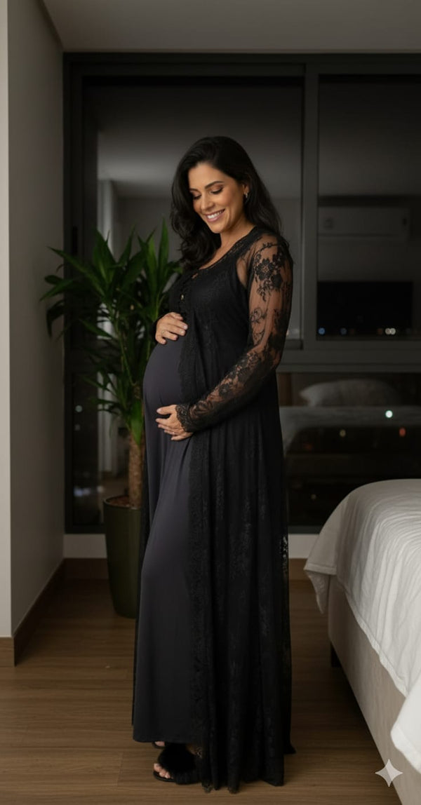 Conjunto Longo com Camisola BM de Amamentação e Robe Renda Francesa Preto