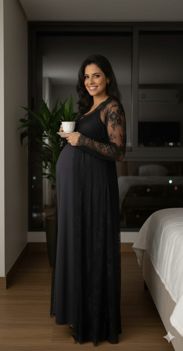 Conjunto Longo com Camisola BM de Amamentação e Robe Renda Francesa Preto