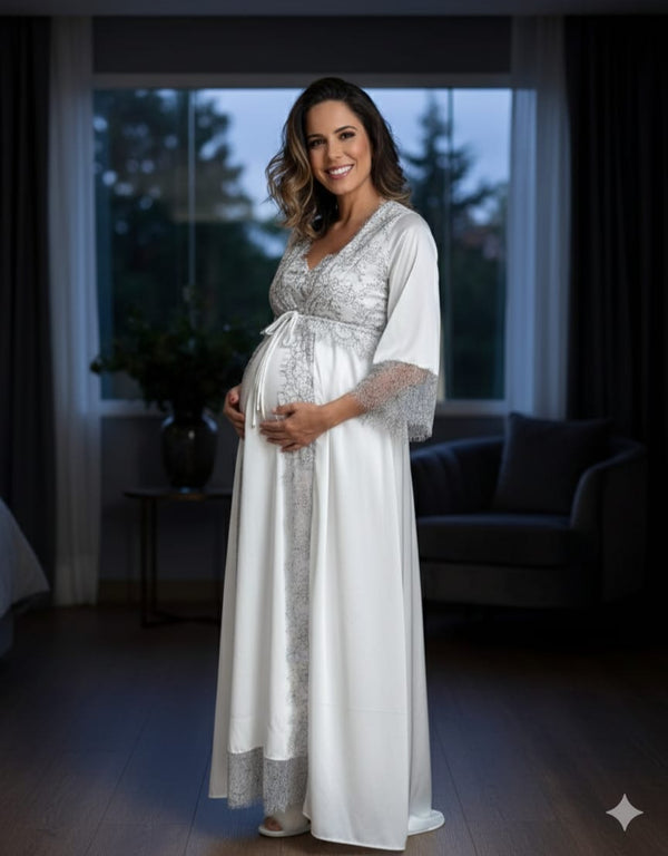 Conjunto Longo em Cetim Branco com Renda Bicolor