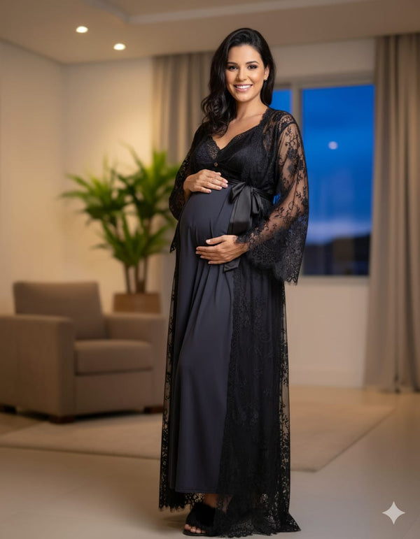 Conjunto Longo com Camisola BM de Amamentação e Robe Renda Chantilly Preto