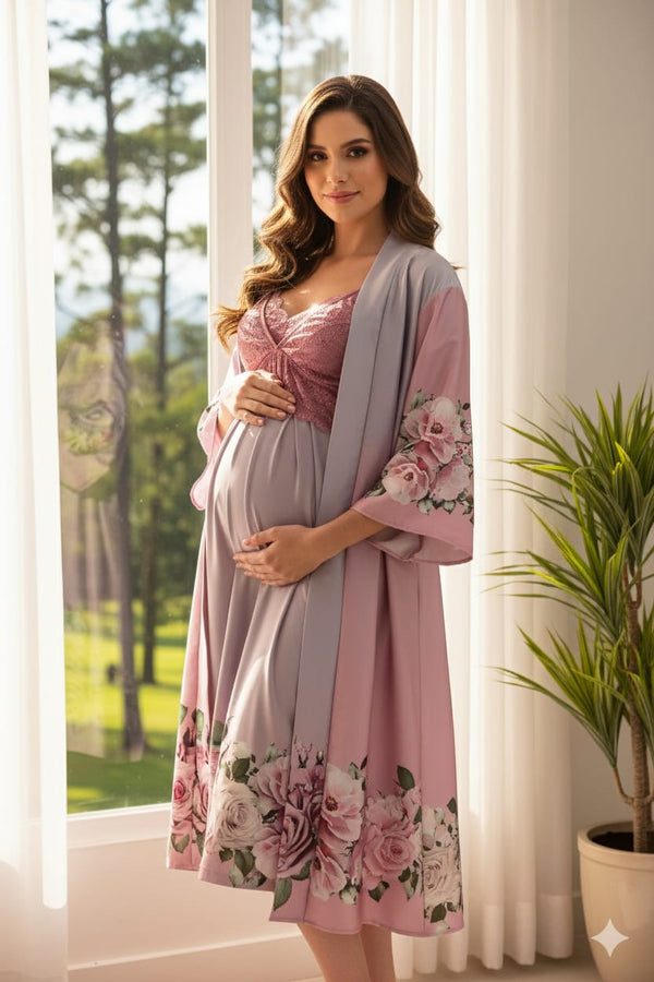 Conjunto Gestante Curto Camisola e Robe Degradê Rosa Flores