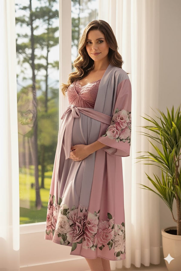 Conjunto Gestante Curto Camisola e Robe Degradê Rosa Flores