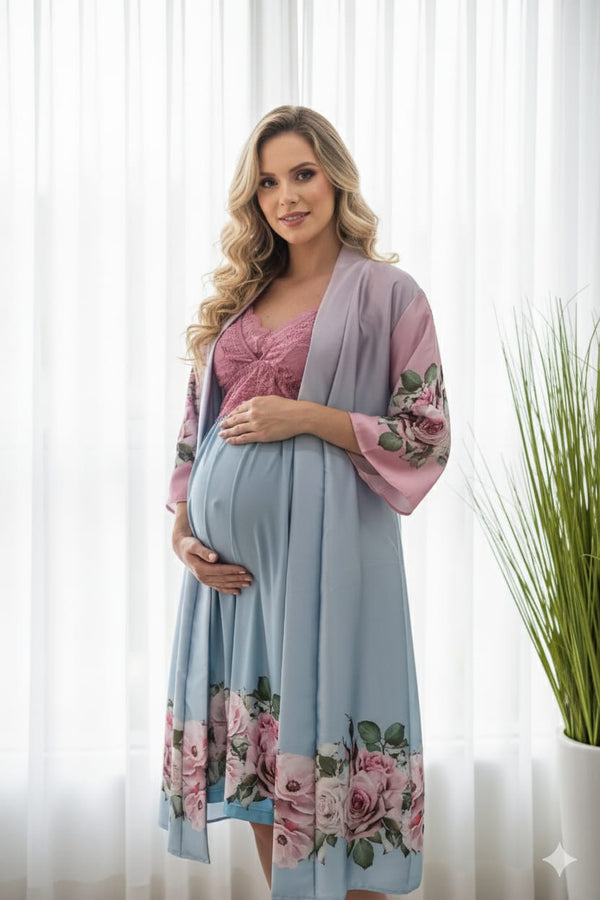 Conjunto Gestante Curto Camisola e Robe Degradê Azul Flores