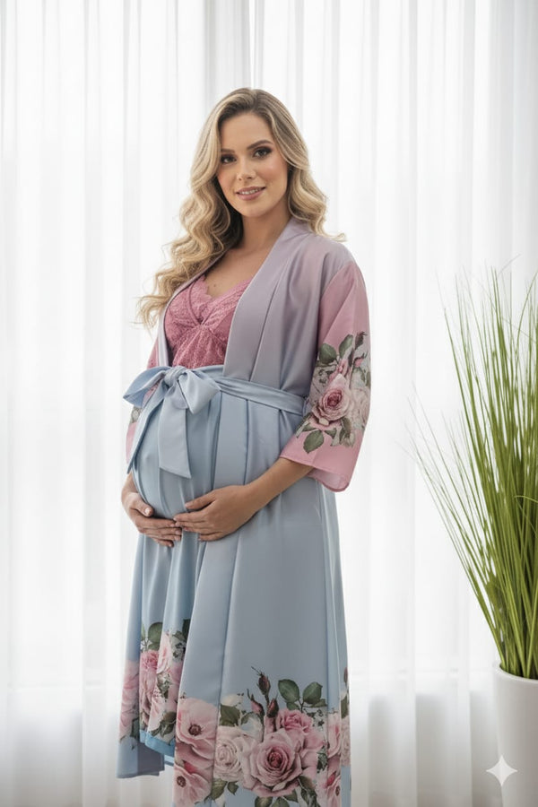 Conjunto Gestante Curto Camisola e Robe Degradê Azul Flores